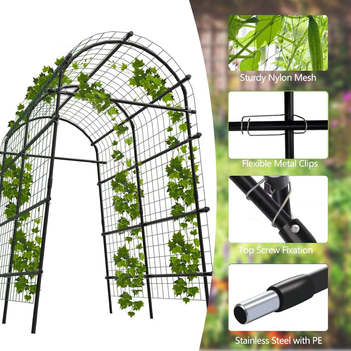 7.5FT Metal Garden Arch Trellis with Netting, Adjustable 35"–45" Arbor for Climbing Plants, Roses, Grapes & Vegetables, Weatherproof Steel Pergola with Ground Clips, Easy Fold-Out Assembly
