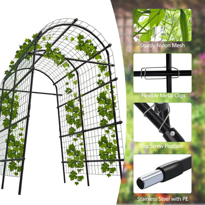7.5FT Metal Garden Arch Trellis with Netting, Adjustable 35"–45" Arbor for Climbing Plants, Roses, Grapes & Vegetables, Weatherproof Steel Pergola with Ground Clips, Easy Fold-Out Assembly