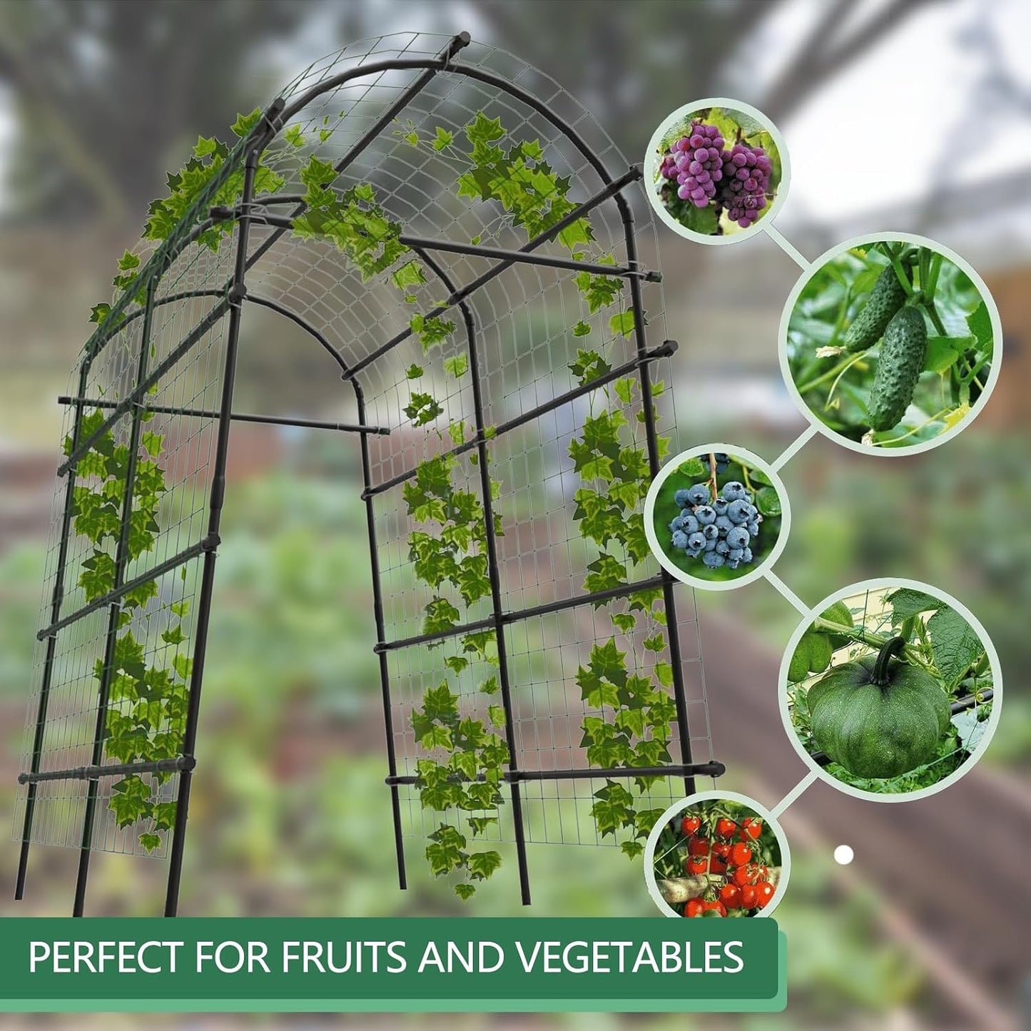 7.5FT Metal Garden Arch Trellis with Netting, Adjustable 35"–45" Arbor for Climbing Plants, Roses, Grapes & Vegetables, Weatherproof Steel Pergola with Ground Clips, Easy Fold-Out Assembly