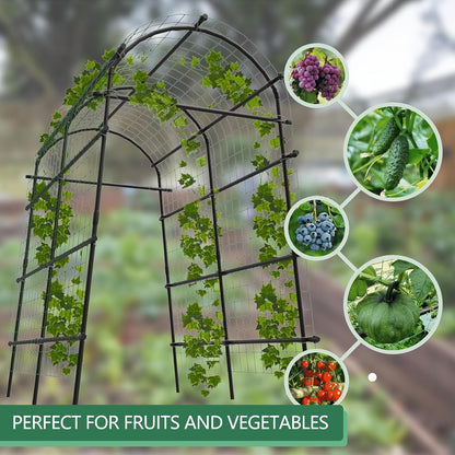 7.5FT Metal Garden Arch Trellis with Netting, Adjustable 35"–45" Arbor for Climbing Plants, Roses, Grapes & Vegetables, Weatherproof Steel Pergola with Ground Clips, Easy Fold-Out Assembly