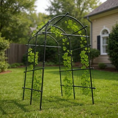 7.5FT Metal Garden Arch Trellis with Netting, Adjustable 35"–45" Arbor for Climbing Plants, Roses, Grapes & Vegetables, Weatherproof Steel Pergola with Ground Clips, Easy Fold-Out Assembly