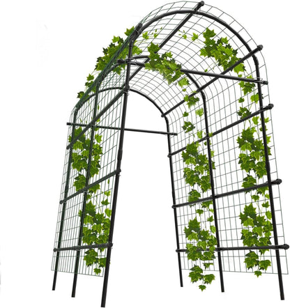 7.5FT Metal Garden Arch Trellis with Netting, Adjustable 35"–45" Arbor for Climbing Plants, Roses, Grapes & Vegetables, Weatherproof Steel Pergola with Ground Clips, Easy Fold-Out Assembly