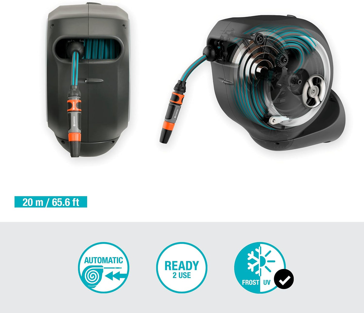 Garden Hose Box Rollup M (White) 20 m: Swivel Hose Box, Integral Hose Guide, Including 20 m Hose, mounting Rod and mounting kit (18616-20)
