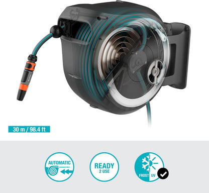 Garden Hose Box Rollup M (White) 20 m: Swivel Hose Box, Integral Hose Guide, Including 20 m Hose, mounting Rod and mounting kit (18616-20)