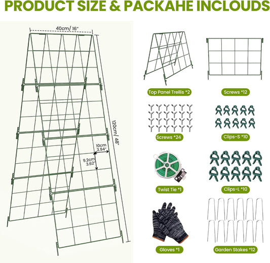 2 Pack Heavy Duty Adjustable A-Frame Trellis for Climbing Plants,48"x16", Rust-Proof Metal Garden Trellis with Dense Grid, Ideal for Raised Beds, Cucumbers, Tomatoes, Beans, and Outdoor Vines (2 Pcs)