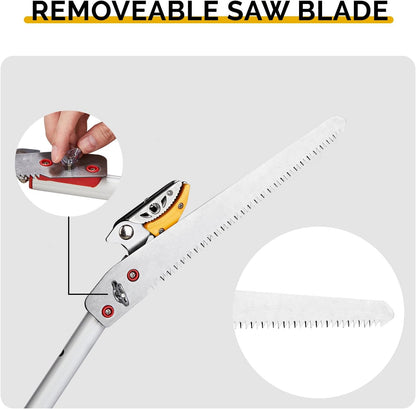 Telescopic Pole Pruner, 9.84FT Long Reach Tree Trimmer and Fruit Picker with Cut and Hold Feature, Extendable Aluminum Branch Cutter with Removable Saw Blade
