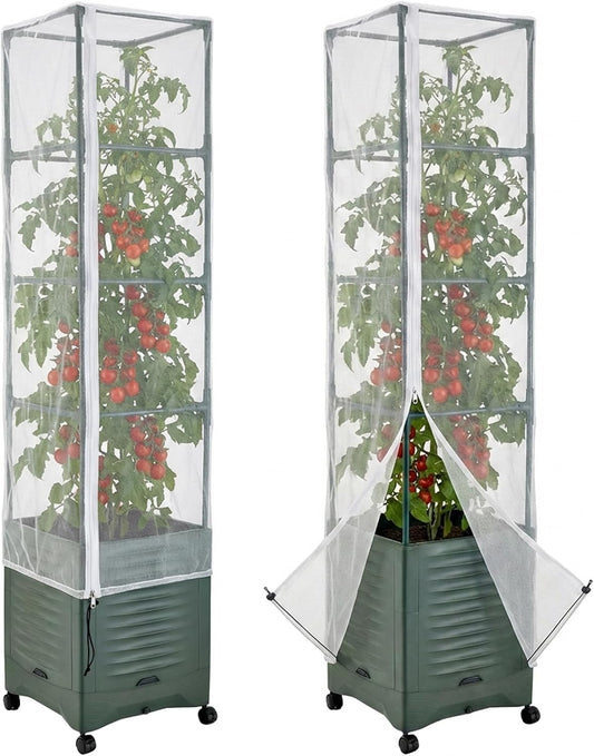 2 Pcs Garden Bird Netting Plant Cover for Square Tomato Cage, 59" x 17.7" Insect Bird Barrier Tomato Cage Net with Zipper & Drawstring, Tomato Trellis Netting Protection Cover for Protecting Plants