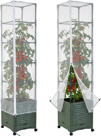 2 Pcs Garden Bird Netting Plant Cover for Square Tomato Cage, 59" x 17.7" Insect Bird Barrier Tomato Cage Net with Zipper & Drawstring, Tomato Trellis Netting Protection Cover for Protecting Plants