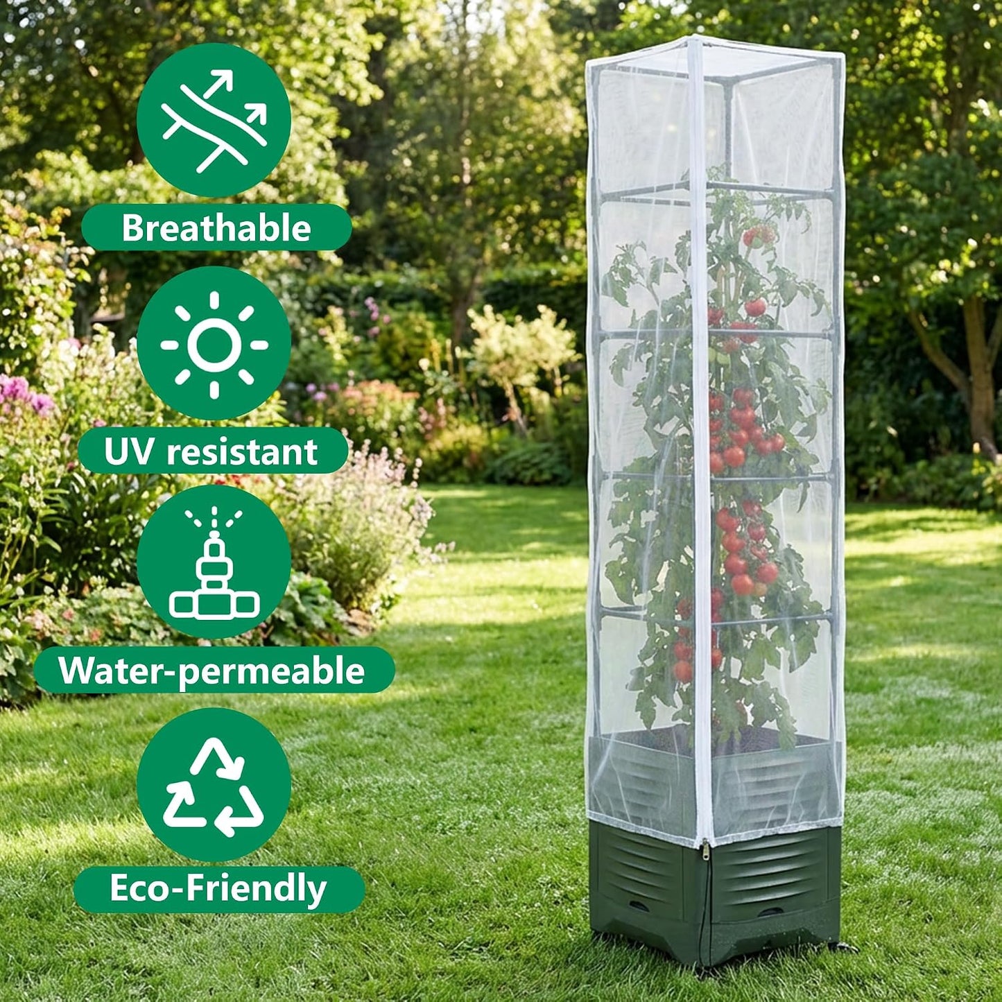 2 Pcs Garden Bird Netting Plant Cover for Square Tomato Cage, 59" x 17.7" Insect Bird Barrier Tomato Cage Net with Zipper & Drawstring, Tomato Trellis Netting Protection Cover for Protecting Plants