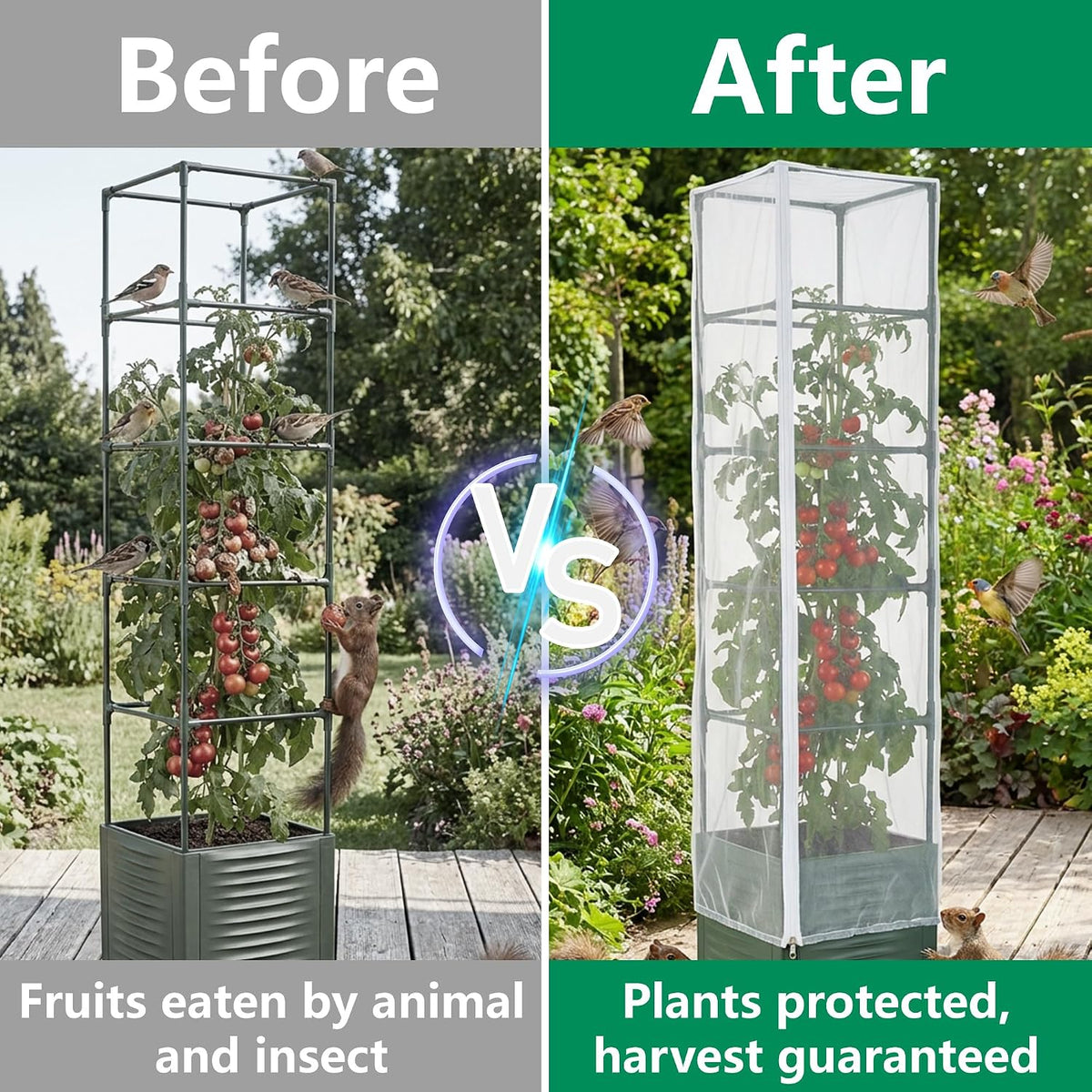 2 Pcs Garden Bird Netting Plant Cover for Square Tomato Cage, 59" x 17.7" Insect Bird Barrier Tomato Cage Net with Zipper & Drawstring, Tomato Trellis Netting Protection Cover for Protecting Plants