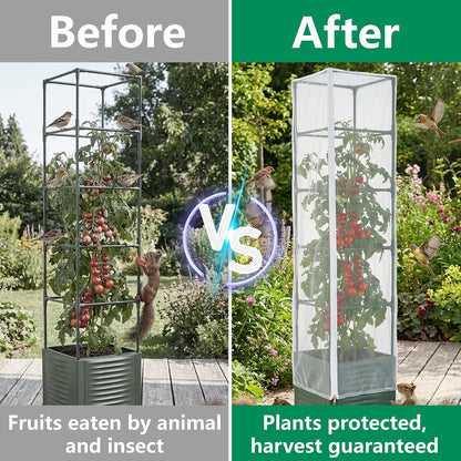 2 Pcs Garden Bird Netting Plant Cover for Square Tomato Cage, 59" x 17.7" Insect Bird Barrier Tomato Cage Net with Zipper & Drawstring, Tomato Trellis Netting Protection Cover for Protecting Plants