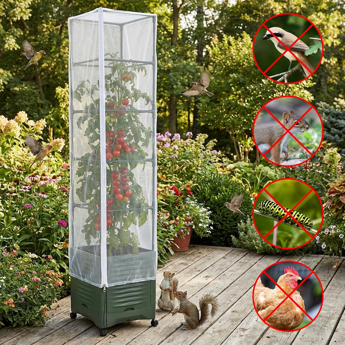 2 Pcs Garden Bird Netting Plant Cover for Square Tomato Cage, 59" x 17.7" Insect Bird Barrier Tomato Cage Net with Zipper & Drawstring, Tomato Trellis Netting Protection Cover for Protecting Plants
