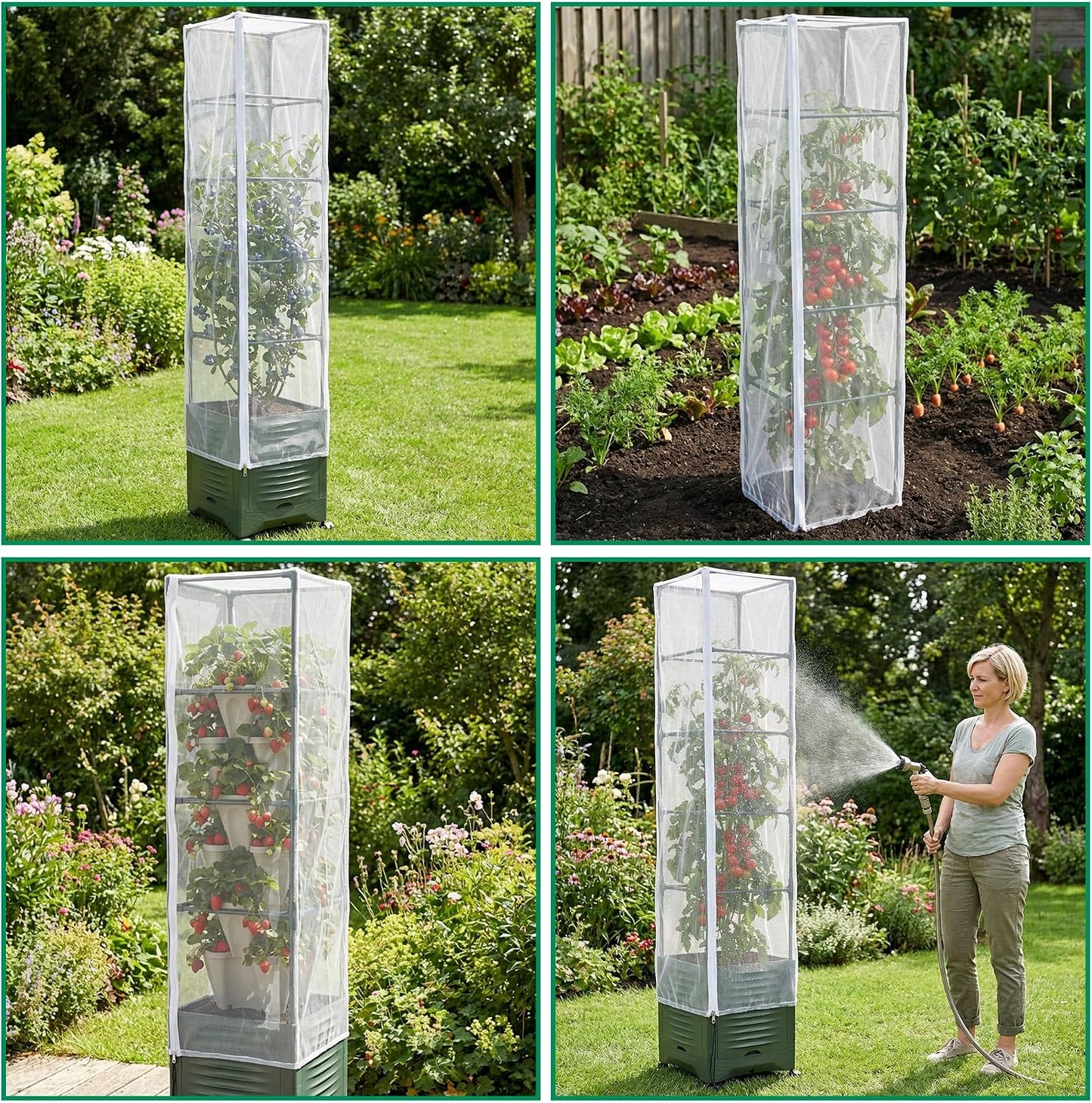 2 Pcs Garden Bird Netting Plant Cover for Square Tomato Cage, 59" x 17.7" Insect Bird Barrier Tomato Cage Net with Zipper & Drawstring, Tomato Trellis Netting Protection Cover for Protecting Plants