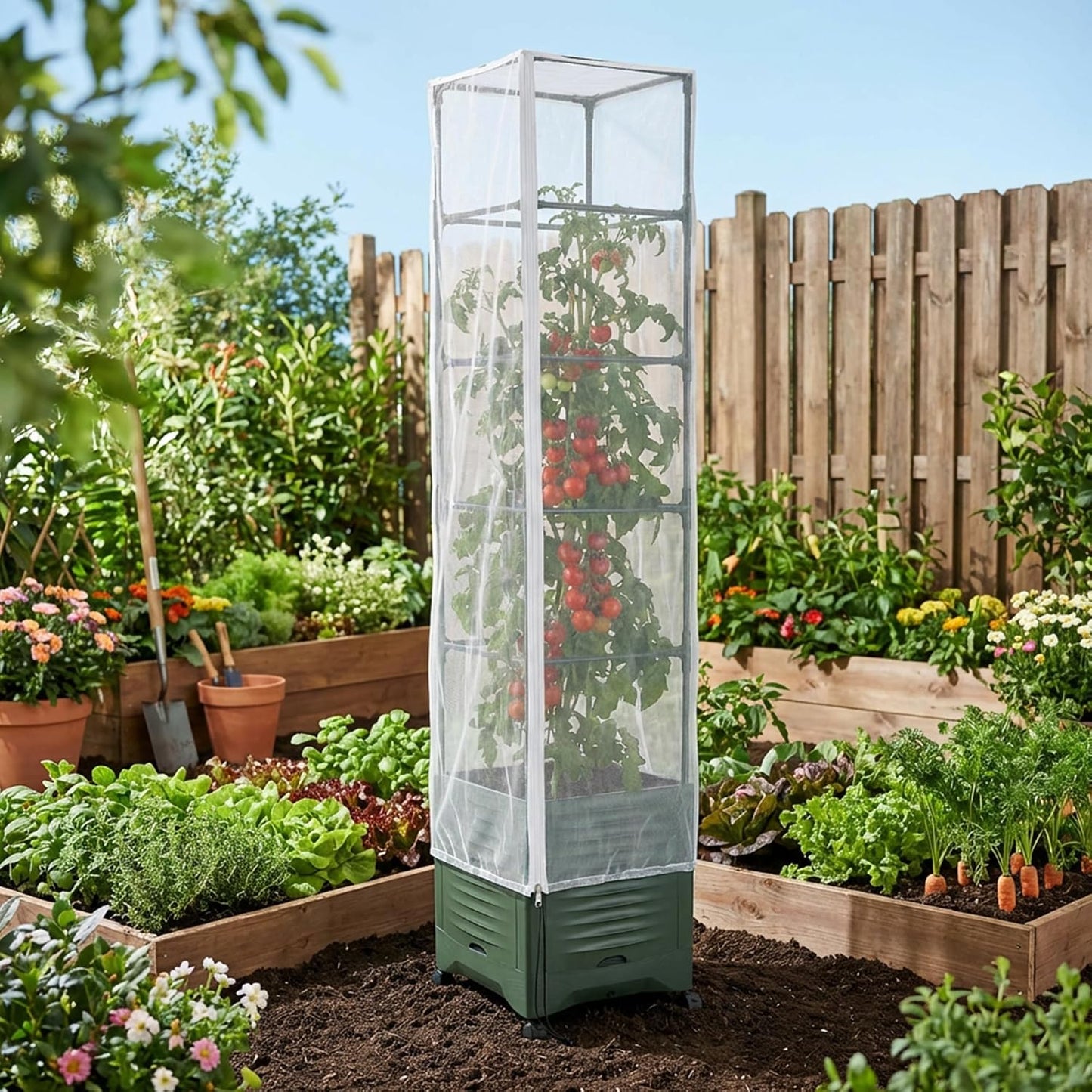 2 Pcs Garden Bird Netting Plant Cover for Square Tomato Cage, 59" x 17.7" Insect Bird Barrier Tomato Cage Net with Zipper & Drawstring, Tomato Trellis Netting Protection Cover for Protecting Plants