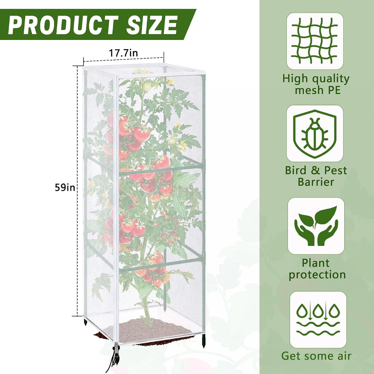 2 Pcs Garden Bird Netting Plant Cover for Square Tomato Cage, 59" x 17.7" Insect Bird Barrier Tomato Cage Net with Zipper & Drawstring, Tomato Trellis Netting Protection Cover for Protecting Plants
