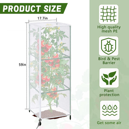 2 Pcs Garden Bird Netting Plant Cover for Square Tomato Cage, 59" x 17.7" Insect Bird Barrier Tomato Cage Net with Zipper & Drawstring, Tomato Trellis Netting Protection Cover for Protecting Plants