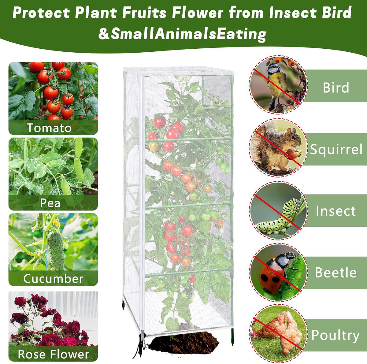 2 Pcs Garden Bird Netting Plant Cover for Square Tomato Cage, 59" x 17.7" Insect Bird Barrier Tomato Cage Net with Zipper & Drawstring, Tomato Trellis Netting Protection Cover for Protecting Plants