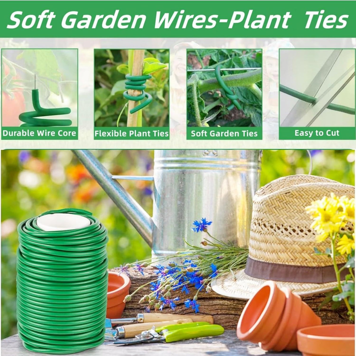 Soft Plant Ties Green Garden Twist Ties for Plants 65.6ft Reusable Rubber Garden Wire Plant Ties to Support Climbing Plants Indoor & Outdoor Vines Tomatoes Office Home Organizing (65.6feet * 3.5mm).