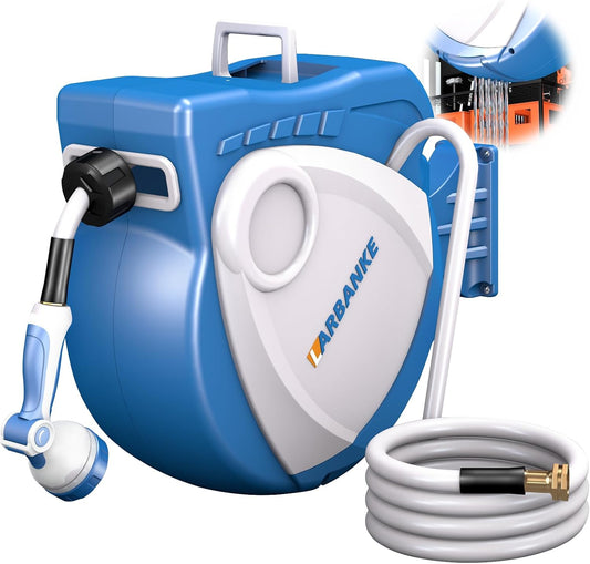 1/2 in × 100 ft Garden Hose Reel,Wall-Mounted Hose Reel with Bottom Drain,180° Rotating Bracket,with 10-Function Sprayer Nozzle,Lock/Slow Return System,Equipped with Waterproof Bag,Blue