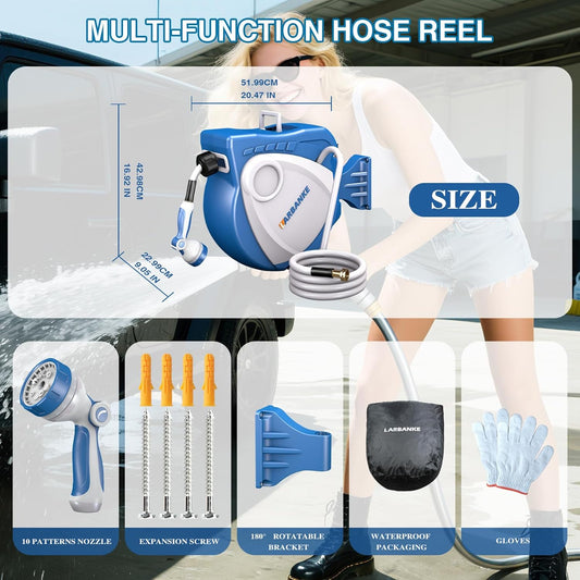 1/2 in × 100 ft Garden Hose Reel,Wall-Mounted Hose Reel with Bottom Drain,180° Rotating Bracket,with 10-Function Sprayer Nozzle,Lock/Slow Return System,Equipped with Waterproof Bag,Blue