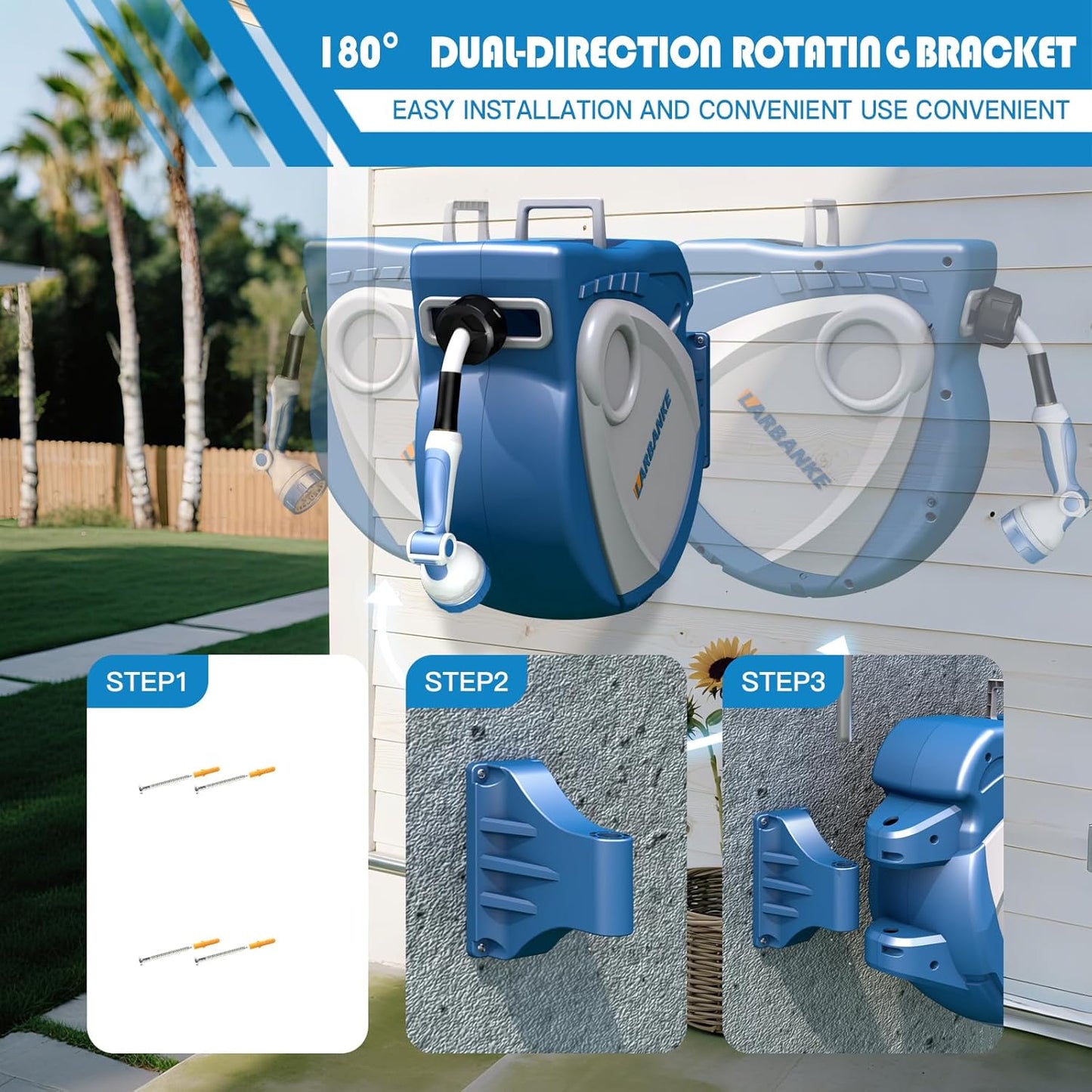 1/2 in × 100 ft Garden Hose Reel,Wall-Mounted Hose Reel with Bottom Drain,180° Rotating Bracket,with 10-Function Sprayer Nozzle,Lock/Slow Return System,Equipped with Waterproof Bag,Blue