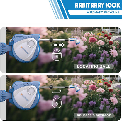 1/2 in × 100 ft Garden Hose Reel,Wall-Mounted Hose Reel with Bottom Drain,180° Rotating Bracket,with 10-Function Sprayer Nozzle,Lock/Slow Return System,Equipped with Waterproof Bag,Blue