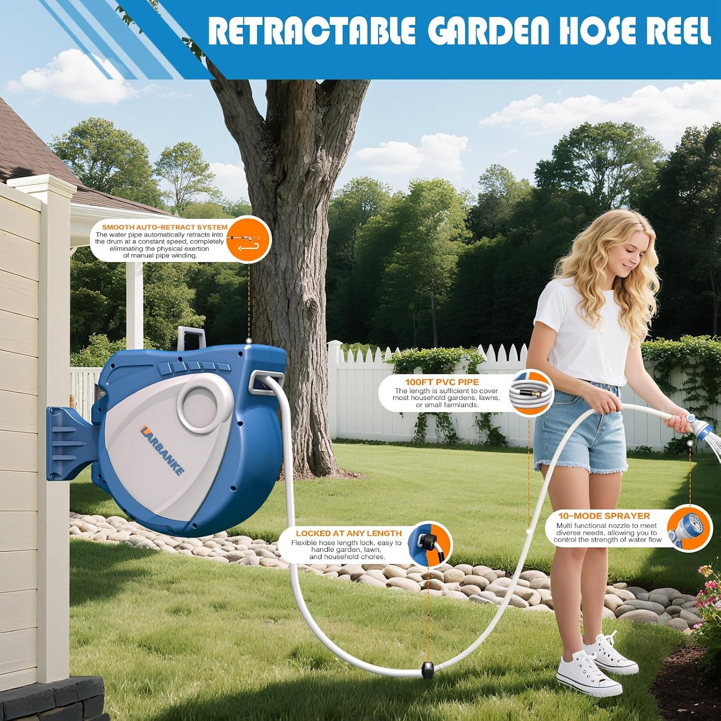 1/2 in × 100 ft Garden Hose Reel,Wall-Mounted Hose Reel with Bottom Drain,180° Rotating Bracket,with 10-Function Sprayer Nozzle,Lock/Slow Return System,Equipped with Waterproof Bag,Blue