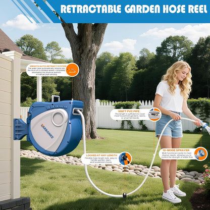 1/2 in × 100 ft Garden Hose Reel,Wall-Mounted Hose Reel with Bottom Drain,180° Rotating Bracket,with 10-Function Sprayer Nozzle,Lock/Slow Return System,Equipped with Waterproof Bag,Blue