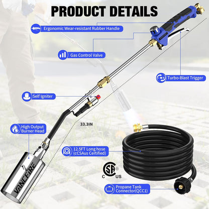 Propane Torch Weed Burner Kit with Storage Bag, High Output Blow Torch with Long/Short Mode & 12.5FT Hose, Heavy Duty Flamethrower with Turbo Trigger for Weeding, Roofing, Ice Snow Melting,BBQ(33.3")
