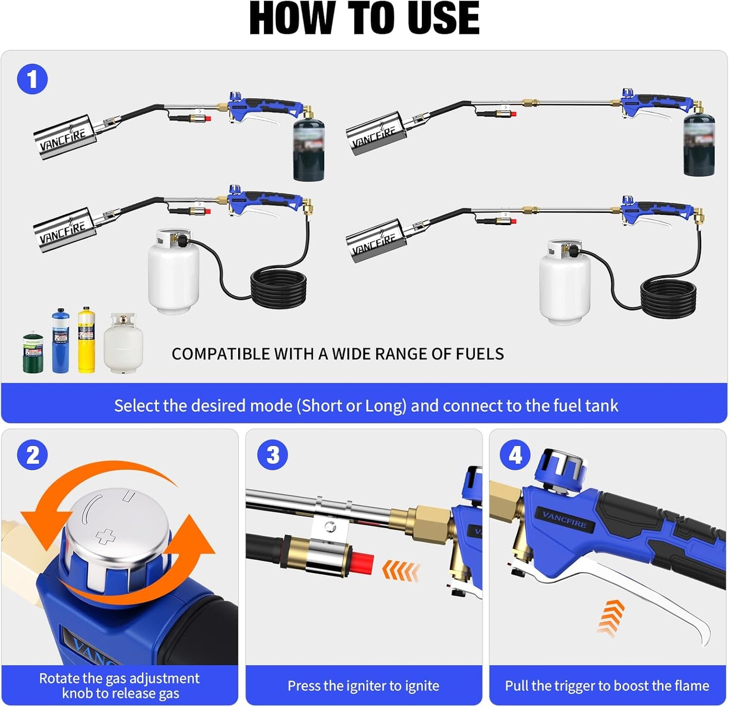 Propane Torch Weed Burner Kit with Storage Bag, High Output Blow Torch with Long/Short Mode & 12.5FT Hose, Heavy Duty Flamethrower with Turbo Trigger for Weeding, Roofing, Ice Snow Melting,BBQ(33.3")