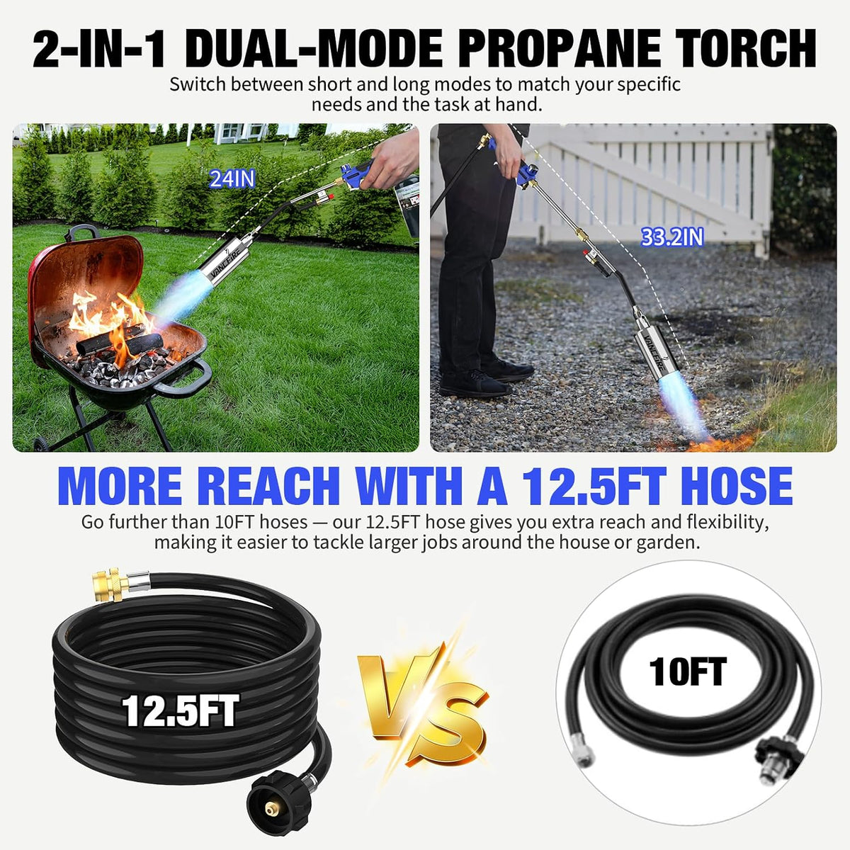 Propane Torch Weed Burner Kit with Storage Bag, High Output Blow Torch with Long/Short Mode & 12.5FT Hose, Heavy Duty Flamethrower with Turbo Trigger for Weeding, Roofing, Ice Snow Melting,BBQ(33.3")