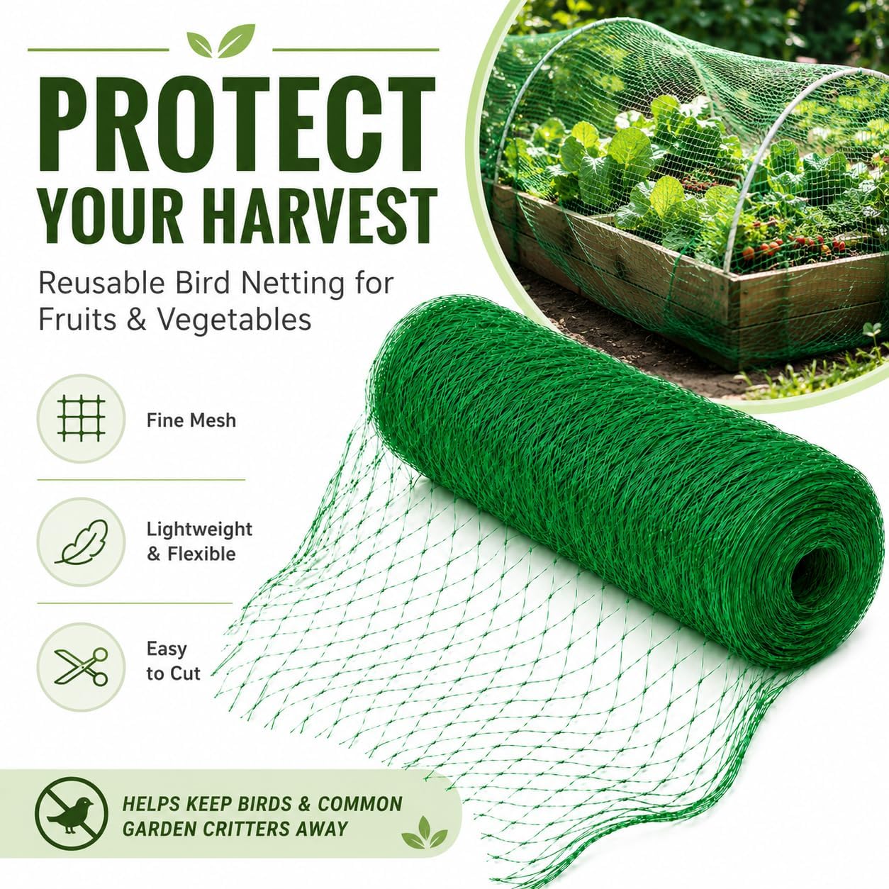 Garden Netting, 6.6 x 100 FT Bird Netting for Garden Plant Protection, Reusable Fine Mesh for Fruit Trees, Vegetable Plants, Blueberry Bushes, Raised Beds, Chicken Coop (6.6x100ft)