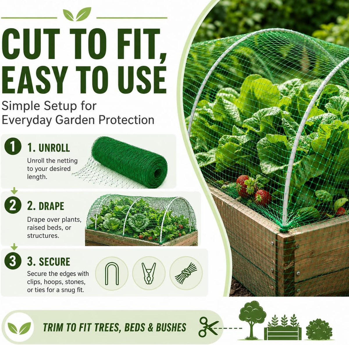 Garden Netting, 6.6 x 100 FT Bird Netting for Garden Plant Protection, Reusable Fine Mesh for Fruit Trees, Vegetable Plants, Blueberry Bushes, Raised Beds, Chicken Coop (6.6x100ft)