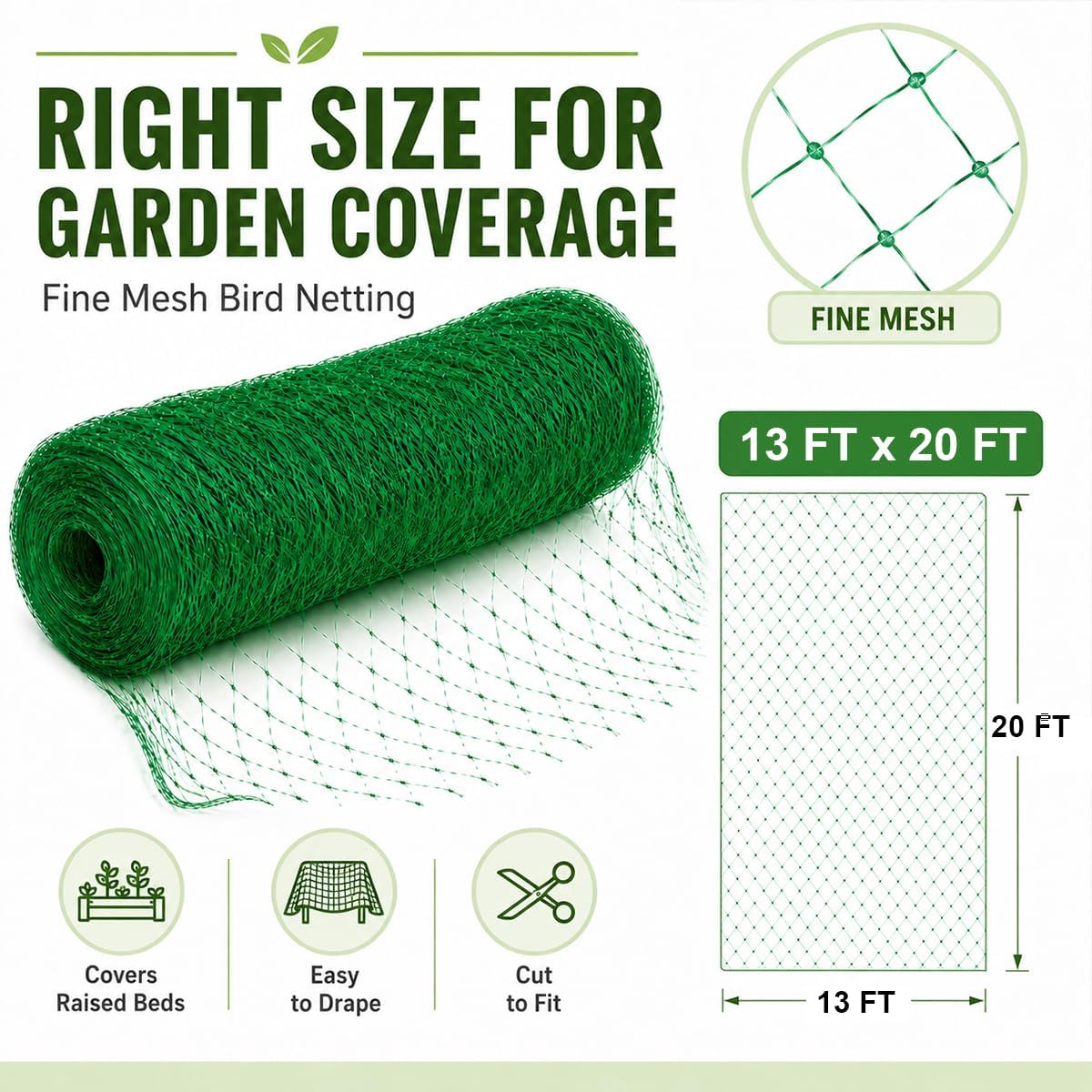 Garden Netting, 6.6 x 100 FT Bird Netting for Garden Plant Protection, Reusable Fine Mesh for Fruit Trees, Vegetable Plants, Blueberry Bushes, Raised Beds, Chicken Coop (6.6x100ft)