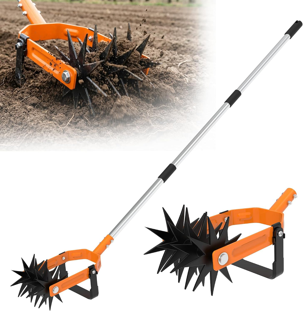 Rotary Cultivator - Long Handle Garden Cultivator with Adjustable Stainless Steel Pole, 2-in-1 Hand Tiller Garden Tool for Weeding, Soil Loosening, Aerating & Reseeding Grass