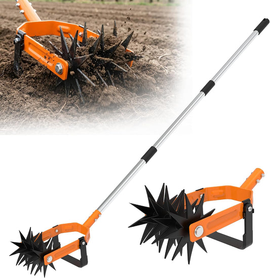 Rotary Cultivator - Long Handle Garden Cultivator with Adjustable Stainless Steel Pole, 2-in-1 Hand Tiller Garden Tool for Weeding, Soil Loosening, Aerating & Reseeding Grass