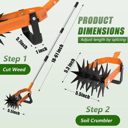 Rotary Cultivator - Long Handle Garden Cultivator with Adjustable Stainless Steel Pole, 2-in-1 Hand Tiller Garden Tool for Weeding, Soil Loosening, Aerating & Reseeding Grass