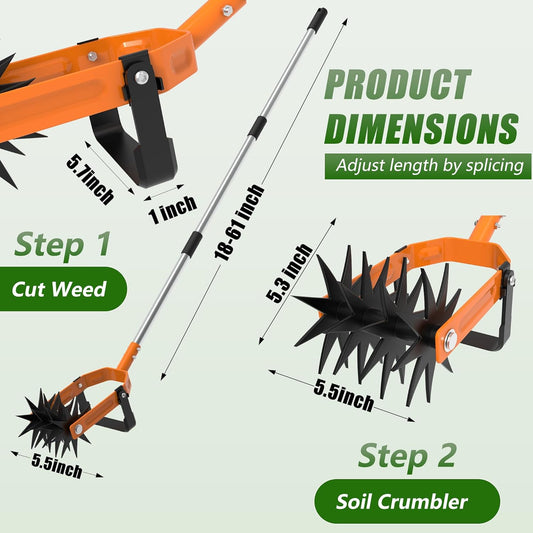Rotary Cultivator - Long Handle Garden Cultivator with Adjustable Stainless Steel Pole, 2-in-1 Hand Tiller Garden Tool for Weeding, Soil Loosening, Aerating & Reseeding Grass
