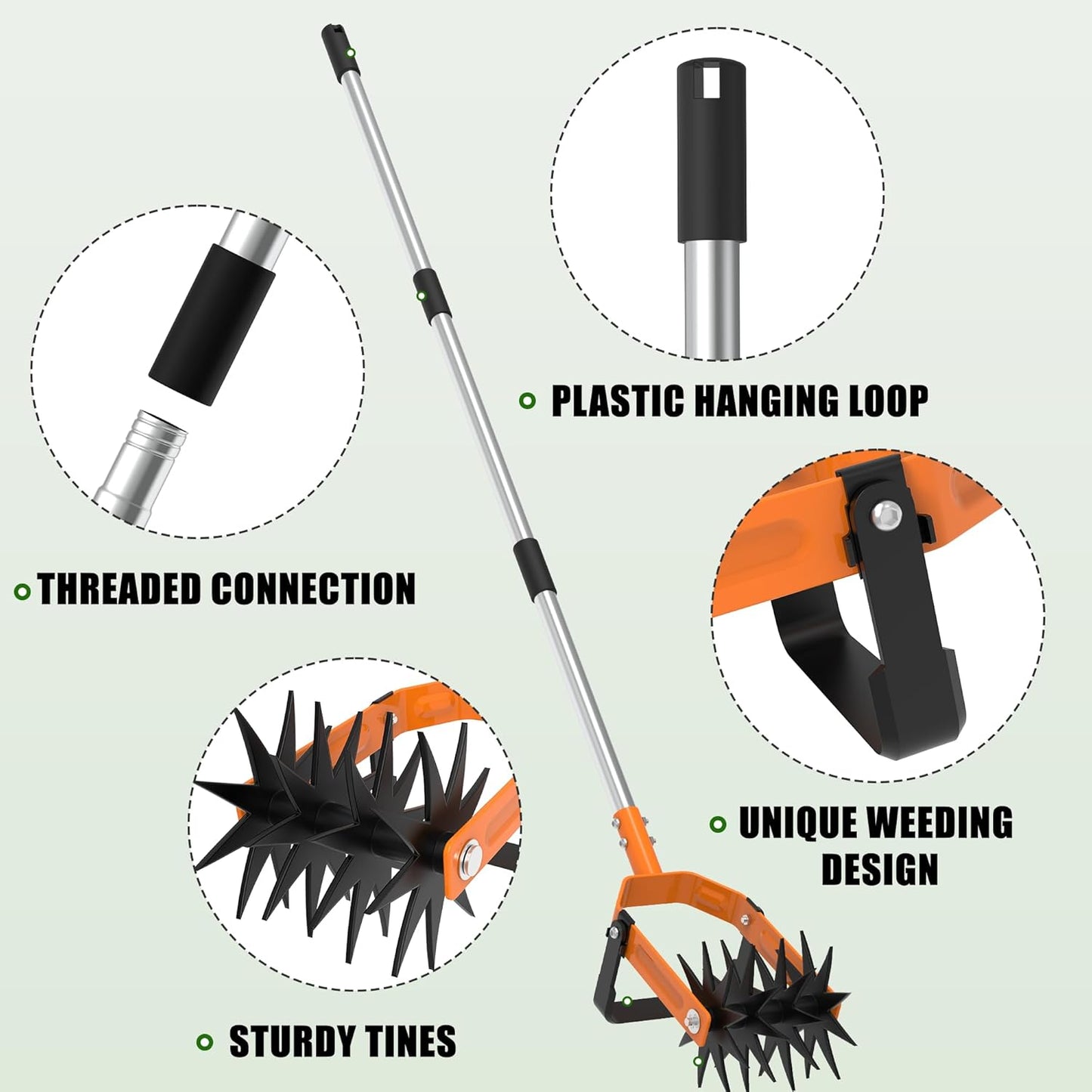 Rotary Cultivator - Long Handle Garden Cultivator with Adjustable Stainless Steel Pole, 2-in-1 Hand Tiller Garden Tool for Weeding, Soil Loosening, Aerating & Reseeding Grass
