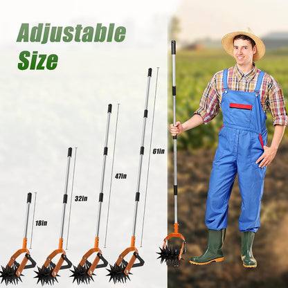Rotary Cultivator - Long Handle Garden Cultivator with Adjustable Stainless Steel Pole, 2-in-1 Hand Tiller Garden Tool for Weeding, Soil Loosening, Aerating & Reseeding Grass