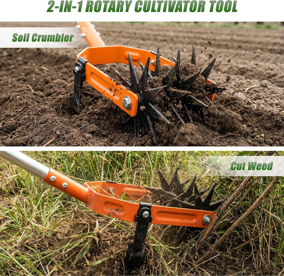 Rotary Cultivator - Long Handle Garden Cultivator with Adjustable Stainless Steel Pole, 2-in-1 Hand Tiller Garden Tool for Weeding, Soil Loosening, Aerating & Reseeding Grass