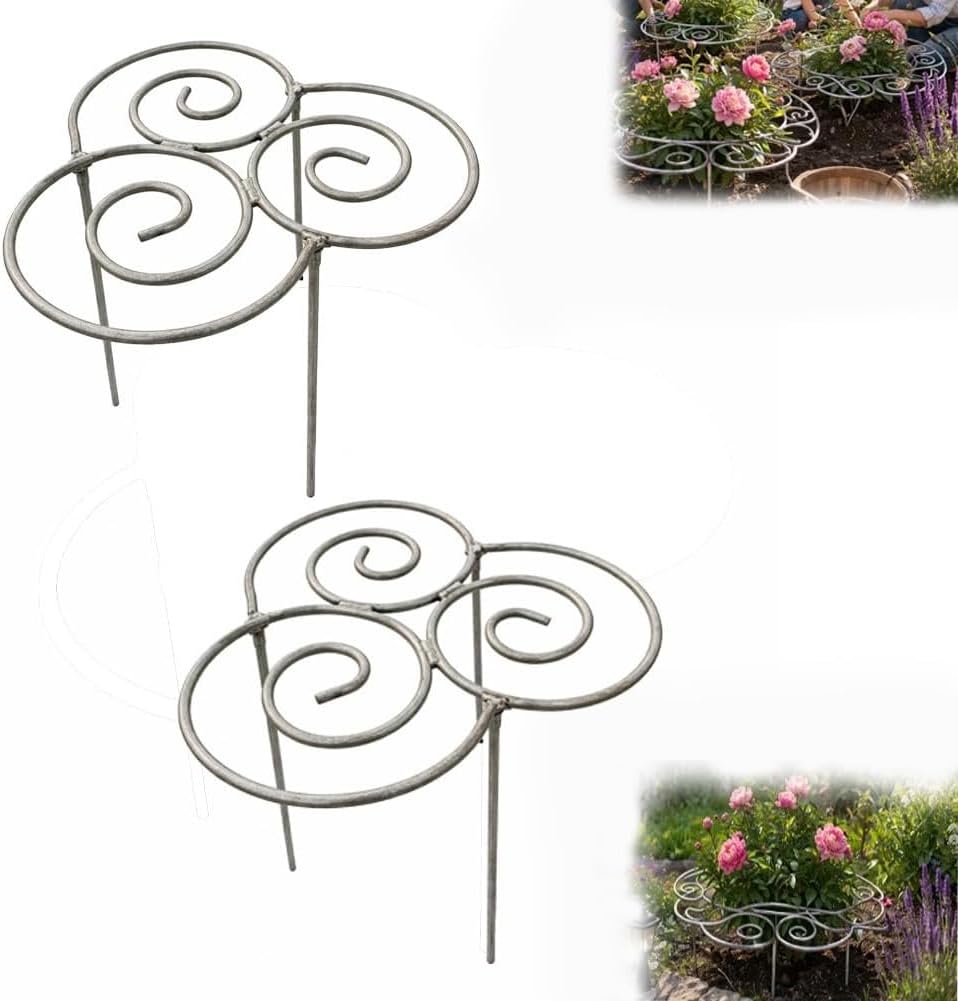 2Pcs Small Metal Plant Support Rings, Stackable Flower Grow Through Hoop, Garden Plant Cage Stake for Peony, Dahlia, Orchid, Indoor Potted Plants and Outdoor Garden Decoration