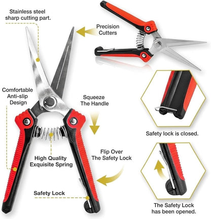 Pruning Shears 8.1 Inch, High Carbon Steel Micro Tip Hand Pruners for Garden & Indoor Plants, Lightweight Effortless Clippers with Safety Lock for Roses & Bonsai