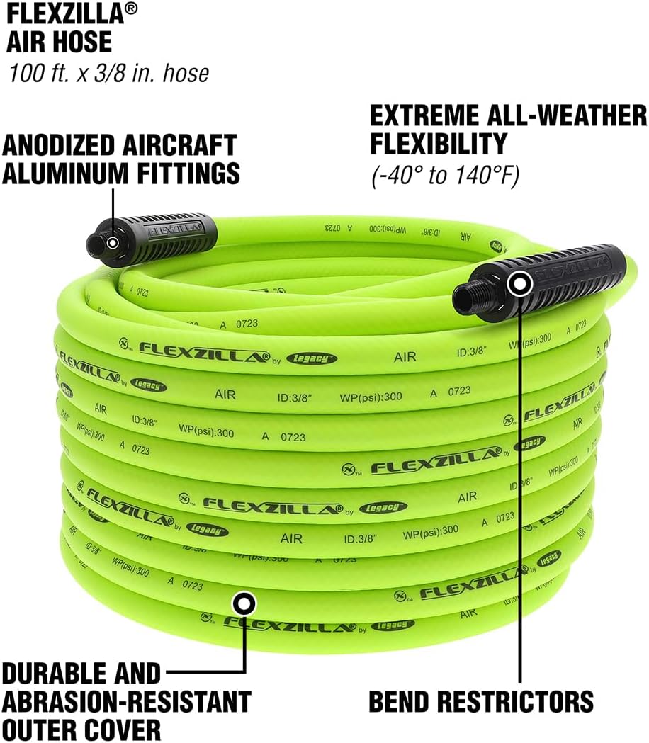 Air Compressor Hose, 3/8 in. x 100 ft., 1/4 in. MNPT Fittings, No-Kink, All Weather, Lightweight, Premium Hybrid Polymer, 300 PSI, ZillaGreen