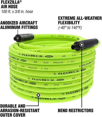 Air Compressor Hose, 3/8 in. x 100 ft., 1/4 in. MNPT Fittings, No-Kink, All Weather, Lightweight, Premium Hybrid Polymer, 300 PSI, ZillaGreen