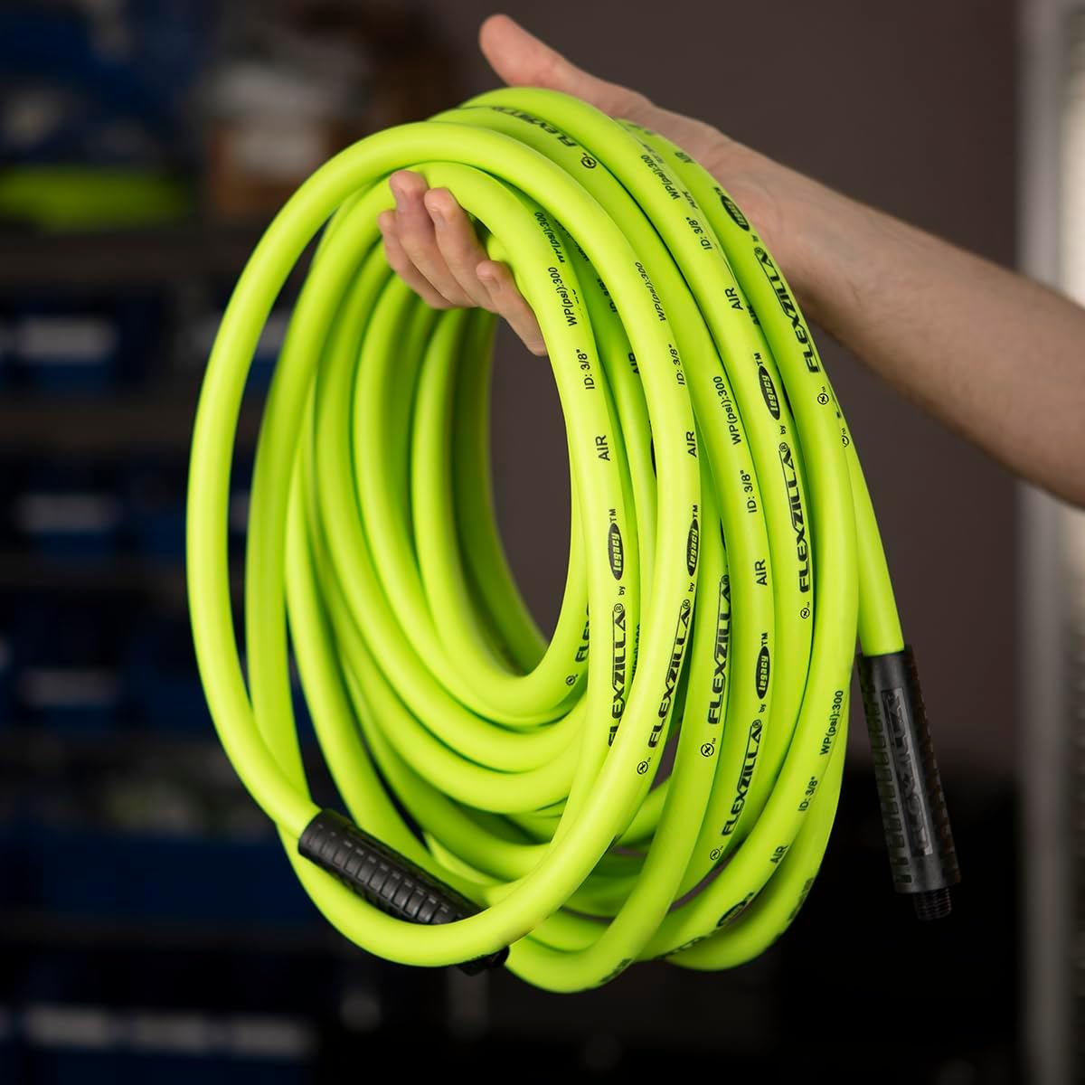 Air Compressor Hose, 3/8 in. x 100 ft., 1/4 in. MNPT Fittings, No-Kink, All Weather, Lightweight, Premium Hybrid Polymer, 300 PSI, ZillaGreen