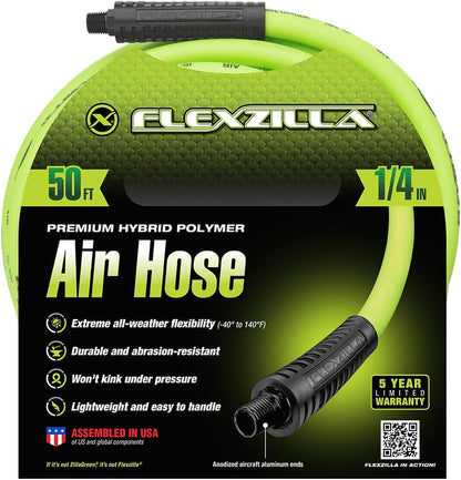 Air Compressor Hose, 3/8 in. x 100 ft., 1/4 in. MNPT Fittings, No-Kink, All Weather, Lightweight, Premium Hybrid Polymer, 300 PSI, ZillaGreen