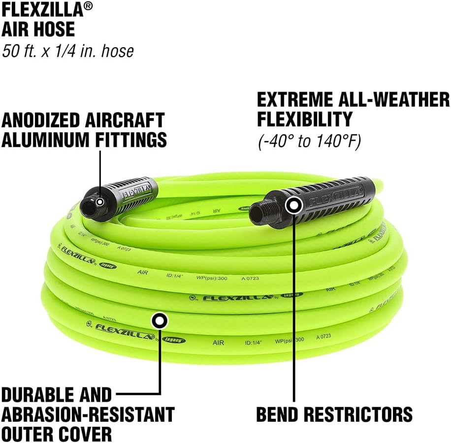Air Compressor Hose, 3/8 in. x 100 ft., 1/4 in. MNPT Fittings, No-Kink, All Weather, Lightweight, Premium Hybrid Polymer, 300 PSI, ZillaGreen