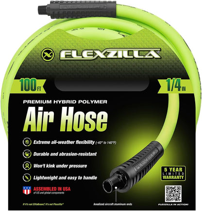 Air Compressor Hose, 3/8 in. x 100 ft., 1/4 in. MNPT Fittings, No-Kink, All Weather, Lightweight, Premium Hybrid Polymer, 300 PSI, ZillaGreen