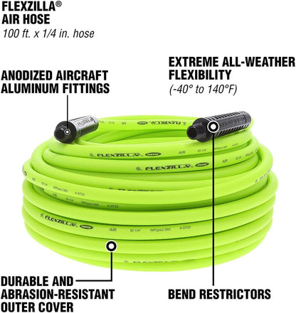 Air Compressor Hose, 3/8 in. x 100 ft., 1/4 in. MNPT Fittings, No-Kink, All Weather, Lightweight, Premium Hybrid Polymer, 300 PSI, ZillaGreen